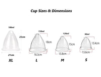 Cup size chart with dimensions for XL, L, M, and S cups for Vacuum Therapy Machine