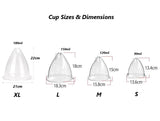 Cup size chart with dimensions for XL, L, M, and S cups for Vacuum Therapy Machine