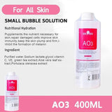 AO3 bubble solution bottle with product details and ingredients - AO2 skincare product bottle with text on normal skin benefits and ingredients. 3 x 400ml Aqua Peeling Solution Set. What is AO3 Aqua Peeling Solution used for?