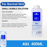AS1 skincare product bottle with text on normal skin benefits and ingredients. 3 x 400ml Aqua Peeling Solution Set