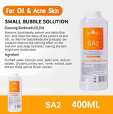 SA2 bubble solution bottle with product details and ingredients - SA2 skincare product bottle with text on normal skin benefits and ingredients. 3 x 400ml Aqua Peeling Solution Set. What is SA2 Aqua Peeling Solution used for?