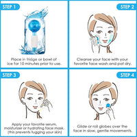 Step-by-step guide for using a facial ice globes with illustrations and text.