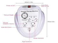 Vacuum therapy machine with labeled parts and dimensions on a white background