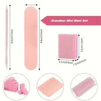 Grandeur Mini Mani Set with pink items including a file, mini buffer block, and cuticle pusher.
Mini nail file emery board nail file