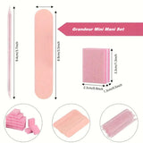 Grandeur Mini Mani Set with pink items including a file, mini buffer block, and cuticle pusher.
Mini nail file emery board nail file