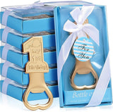 Gold bottle opener with 'My 1st Birthday' text in a blue gift box with a white ribbon.