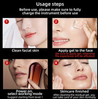 Step-by-step guide for using a facial cleaning device with images of a woman applying gel and using the device.