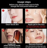 Step-by-step guide for using a facial cleaning device with images of a woman applying gel and using the device.