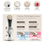 How does the EMS and RF Skincare Device with red and blue light therapy work