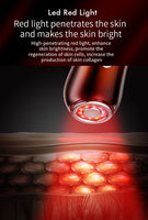 Red light device emitting red light with text about its benefits on a dark background