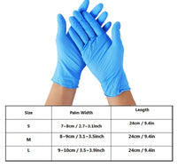 Blue Nitrile gloves with a size chart 