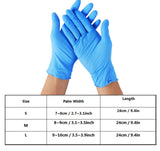 Blue Nitrile gloves with a size chart 
