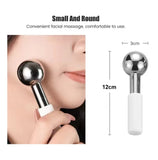 Facial massager with a close-up of a person using it and its dimensions displayed - Mini Stainless steel with rubber handle facial ice globes