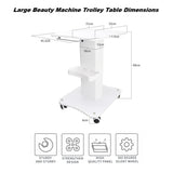 Dimensions of a large beauty machine trolley table with features listed below. Multi purpose salon spa trolley table with wheels. 45 x 55 x 70 cm beauty trolley cart with wheels. 
